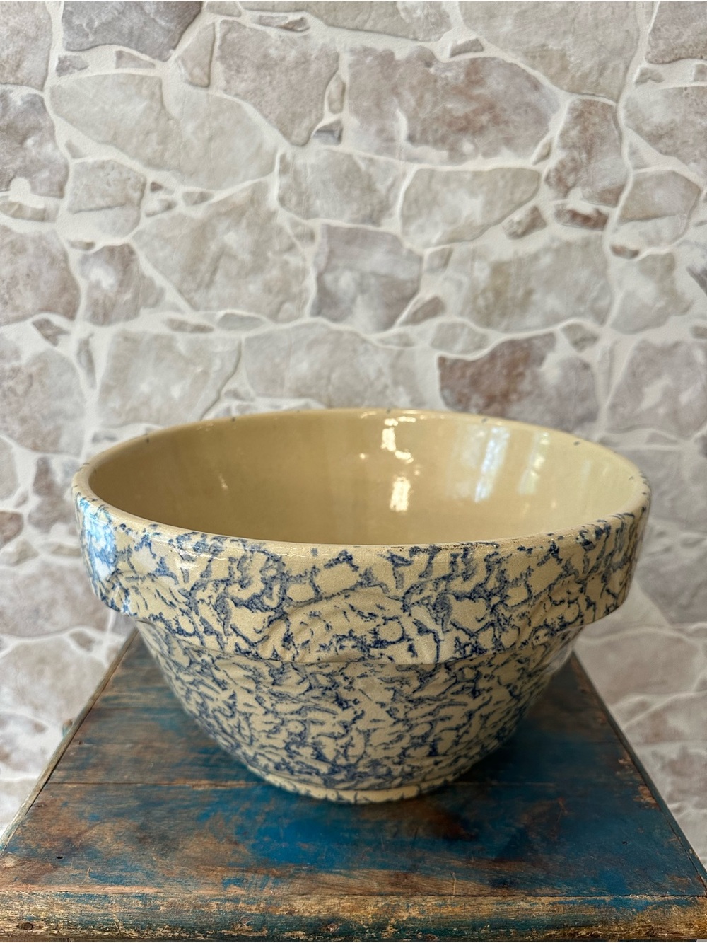 LARGE ROBINSON RANSBOTTOM 12" x 7" Blue Spongeware Mixing Bowl 305-12 RARE
